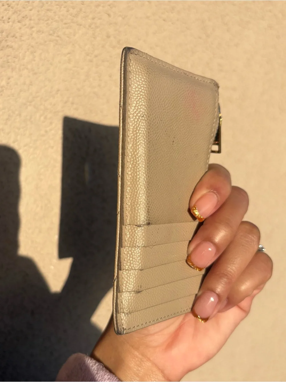 YSL Cassandre Matelassé Zipped Card Case in Leather Beige
